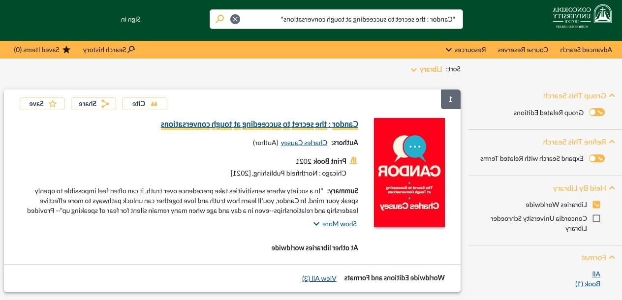  screenshot of an example of a book search by title